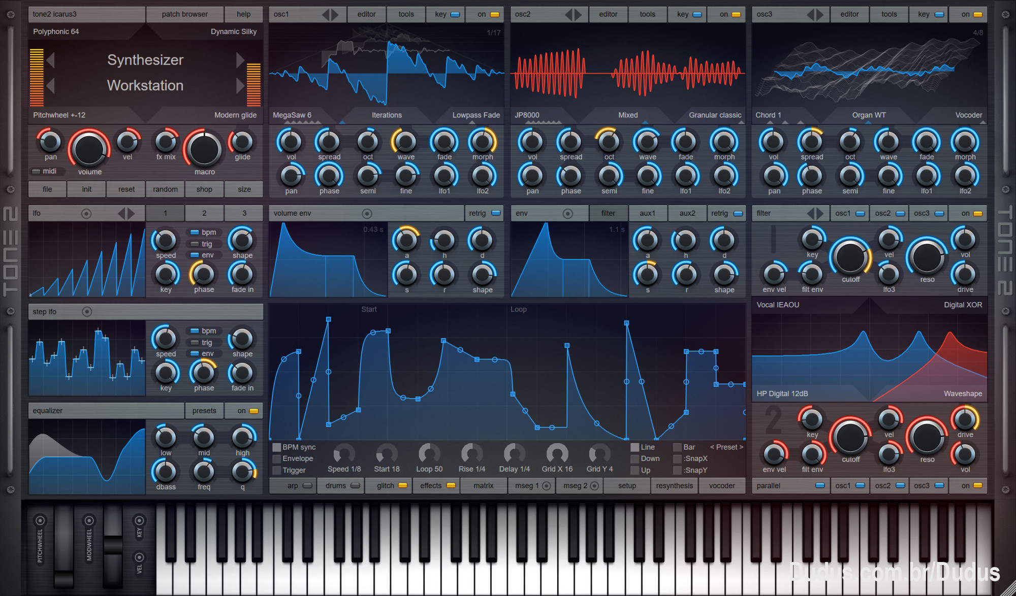 Tone2 -  Icarus 3
Synthesizer

The most powerful synthesizer available on the market

Icarus is an epic synthesizer and a must-have for producers and sound designers. This award-winning workstation is one of the most versatile and powerful synthesizers ever created. Icarus offers a huge sonic range and is capable of producing all the classic synthesizer sounds as well as a wide range of fresh sounds not possible with other products. The audio engine offers many exciting features like 62 (!) different synthesis methods, a drum sequencer, a vocoder, 65 (!) filter types, a glitch sequencer, a wavetable editor, an extremely powerful oscillator section, MSEGs, ...
A reliable re-synthesis can recreate any sound with a single mouse click!
Yet the synth remains very easy to use. A comfortable interface gives you instant visual feedback, immediate acoustic results and context-sensitive help.
The synthesizer delivers true high-end sound quality with low CPU usage.
It ships with over 2000 inspiring, production-ready sounds from professional designers.

https://www.tone2.com/icarus.html
https://www.tone2.com/video-tutorials.html

https://youtu.be/rrpOEpOpfSE?si=XuEK6S2pz0pTiVIJ